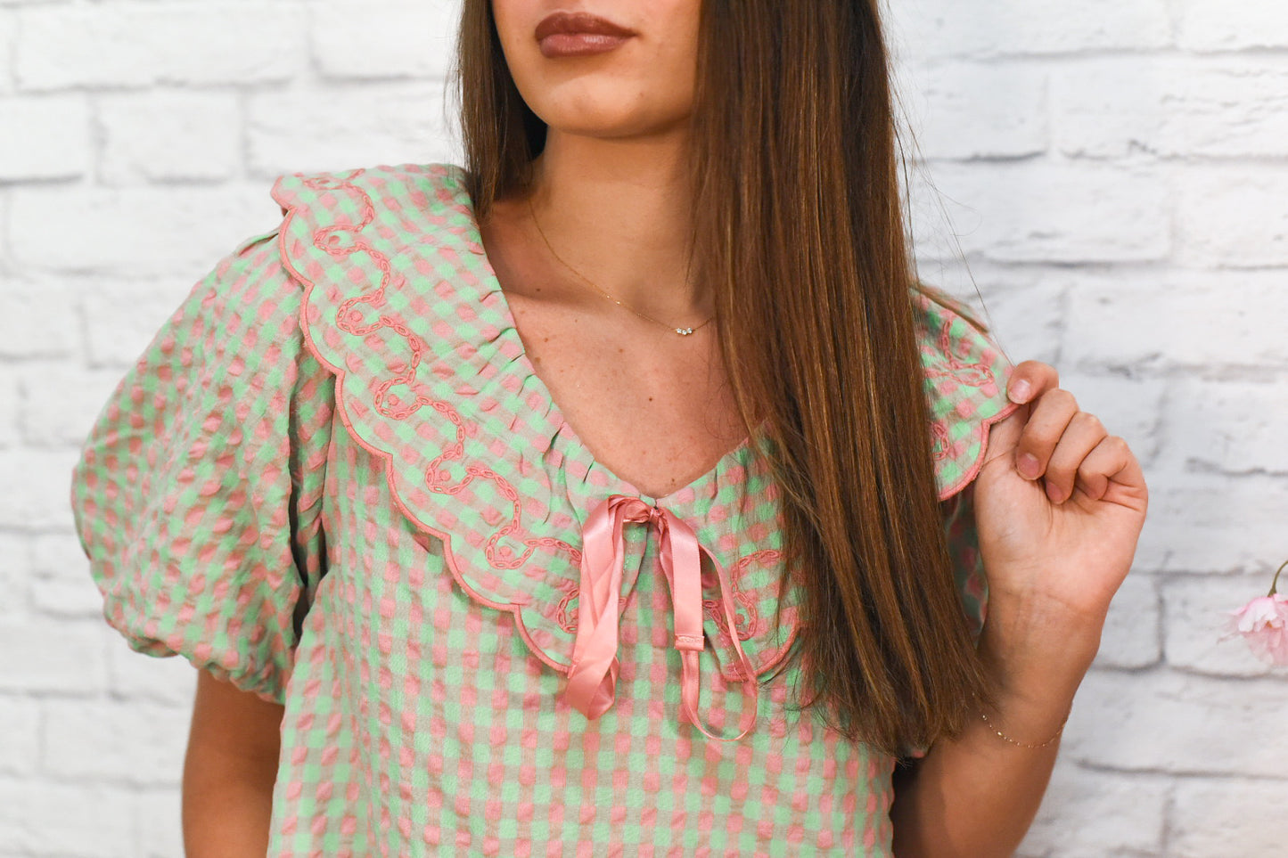 Sweet Garden Scalloped Mini Dress – Pink & Green Ruffle Collar Dress