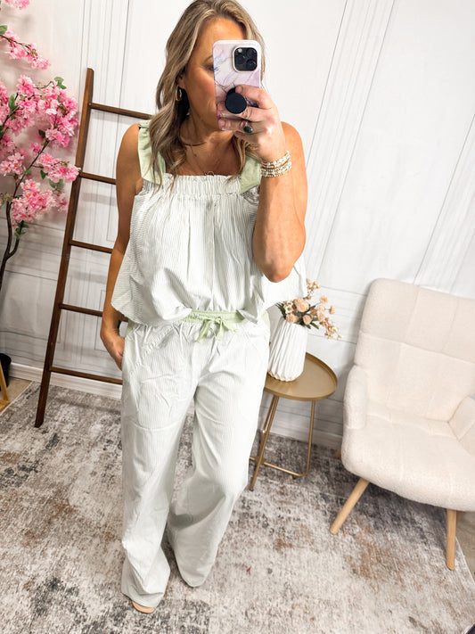 Fresh Start Sage Stripe Lounge Set