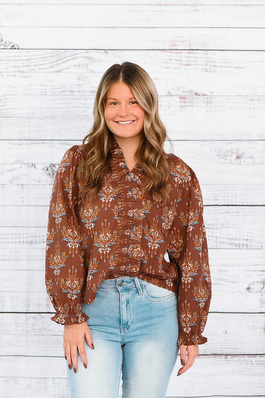 Coffee Blossom Ruffle Blouse