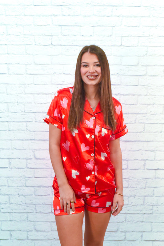 Red Satin Heart Pajama Short Set
