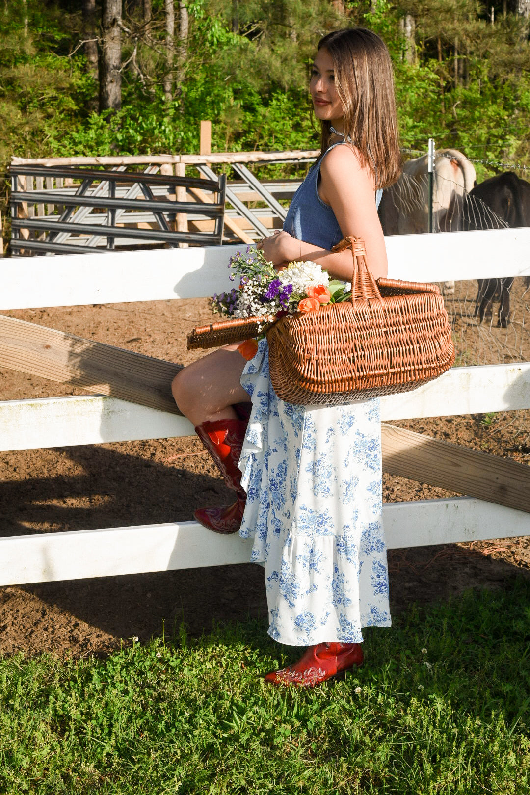 Linen & Sky Blue Floral Skirt
