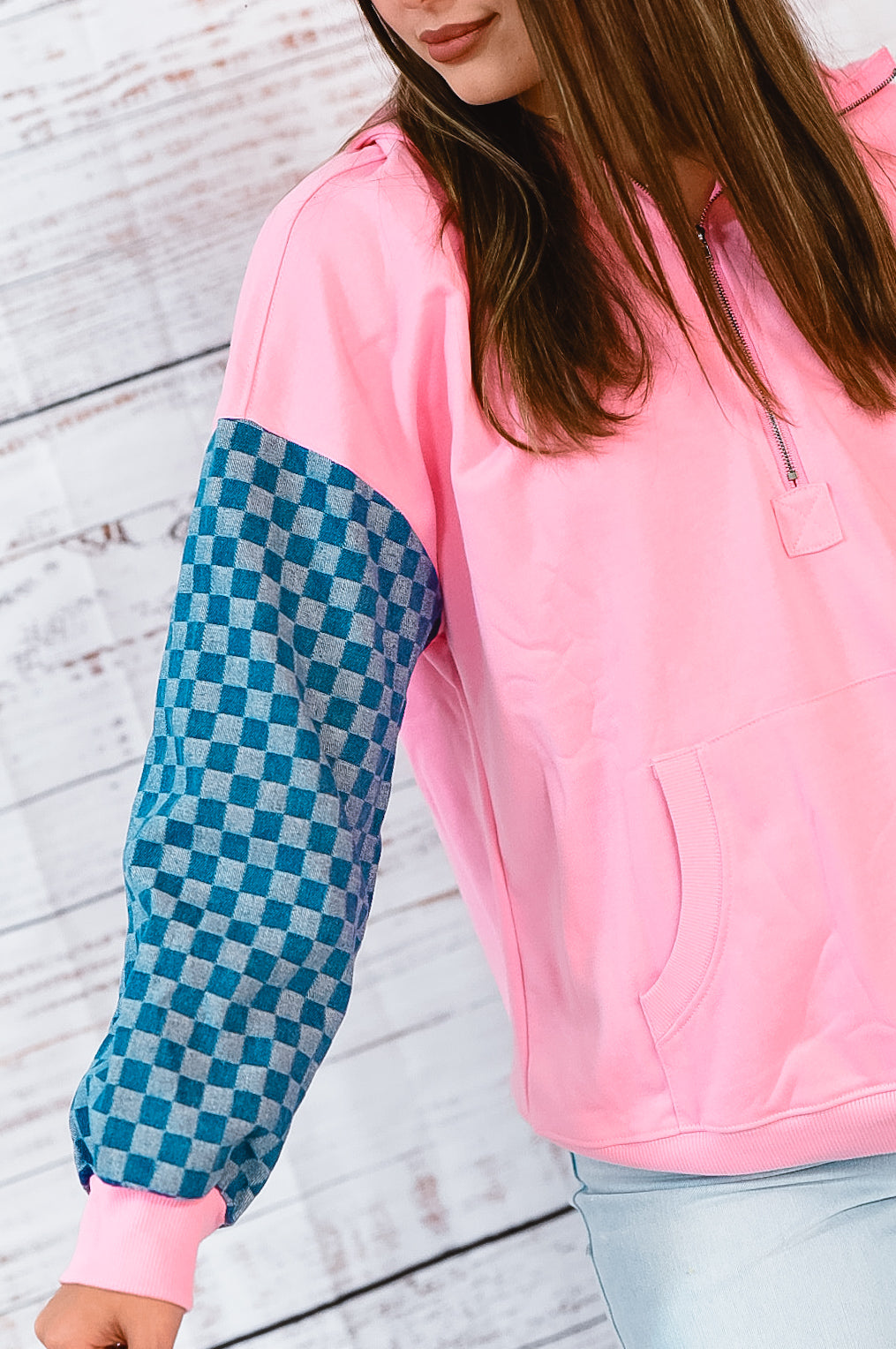 Checking On It Pink And Denim Half Zip Top