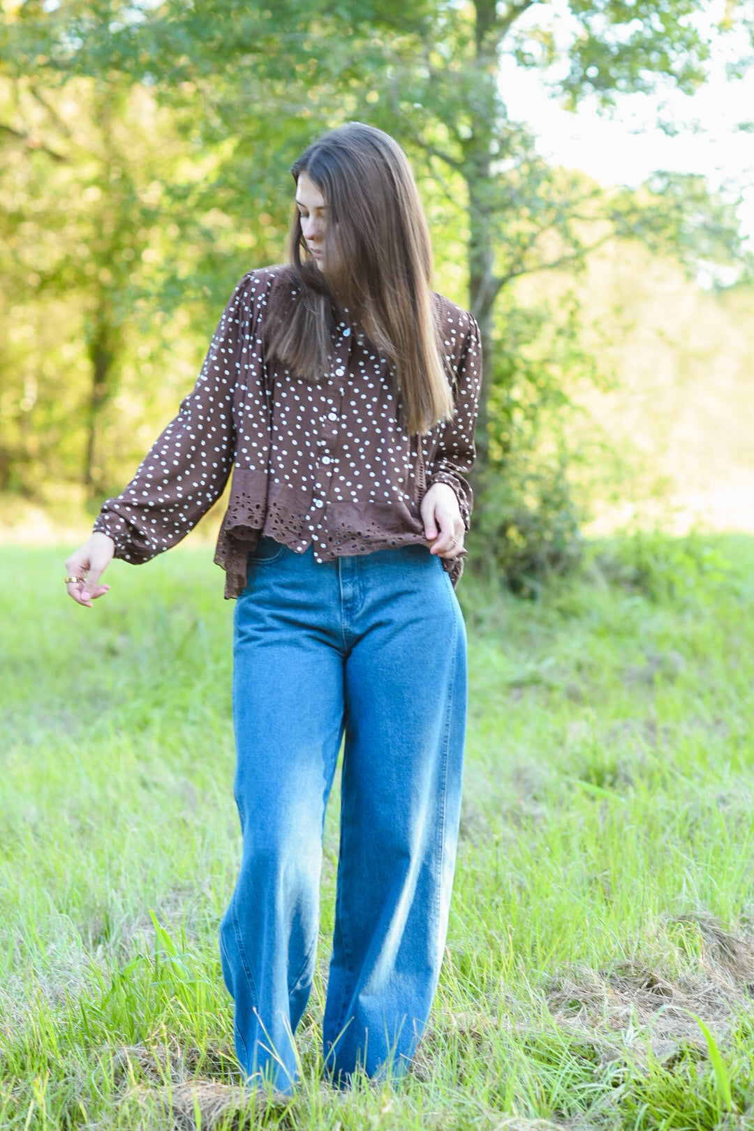 Chocolate Polka Dot Eyelet Lace Blouse