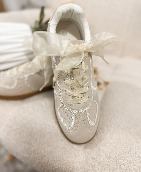 Lace Ribbon Bow Sneakers – Neutral Vintage-Inspired Lace Detail Shoes