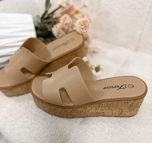 Cork Platform Slide Sandals – Tan Double Strap Summer Wedges