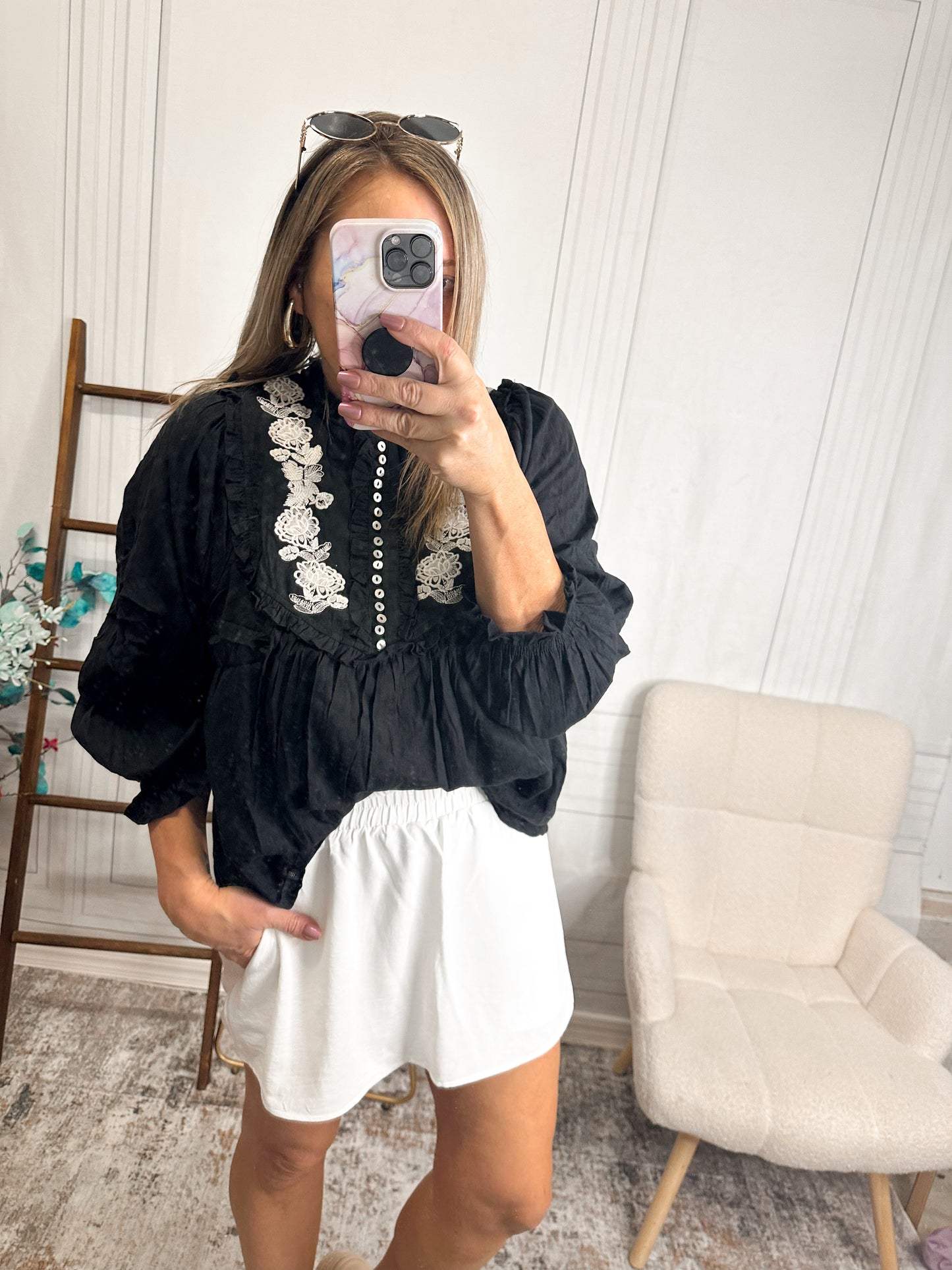 Midnight Bloom Embroidered Blouse