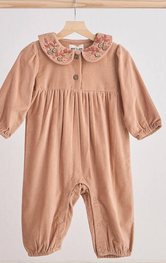 Tan Floral Embroidery Linen Girl Romper (Preorder)