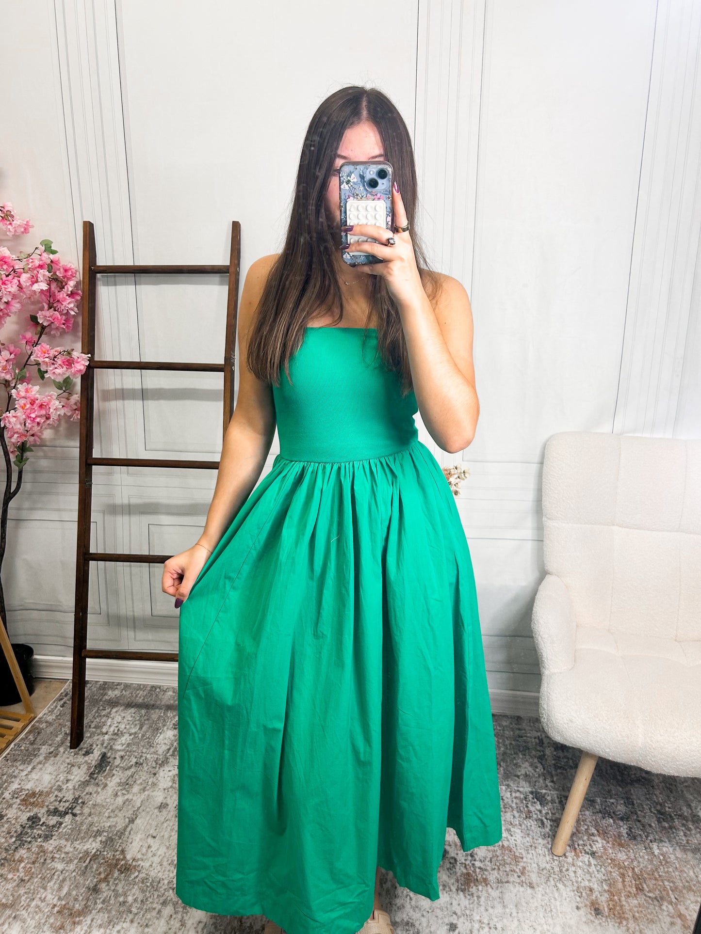 Emerald Garden Strapless Maxi Dress