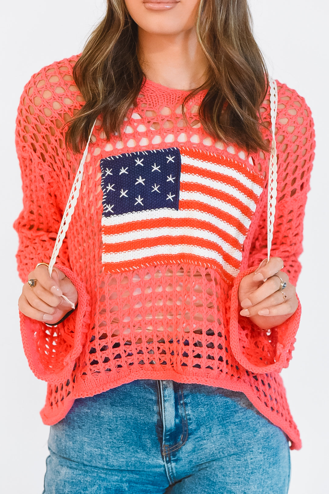 Freedom Coral Open Knit Hooded Sweater