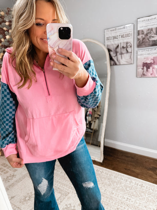 Checking On It Pink And Denim Half Zip Top