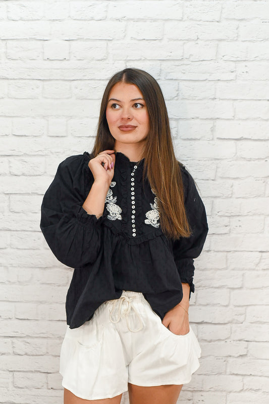 Midnight Bloom Embroidered Blouse