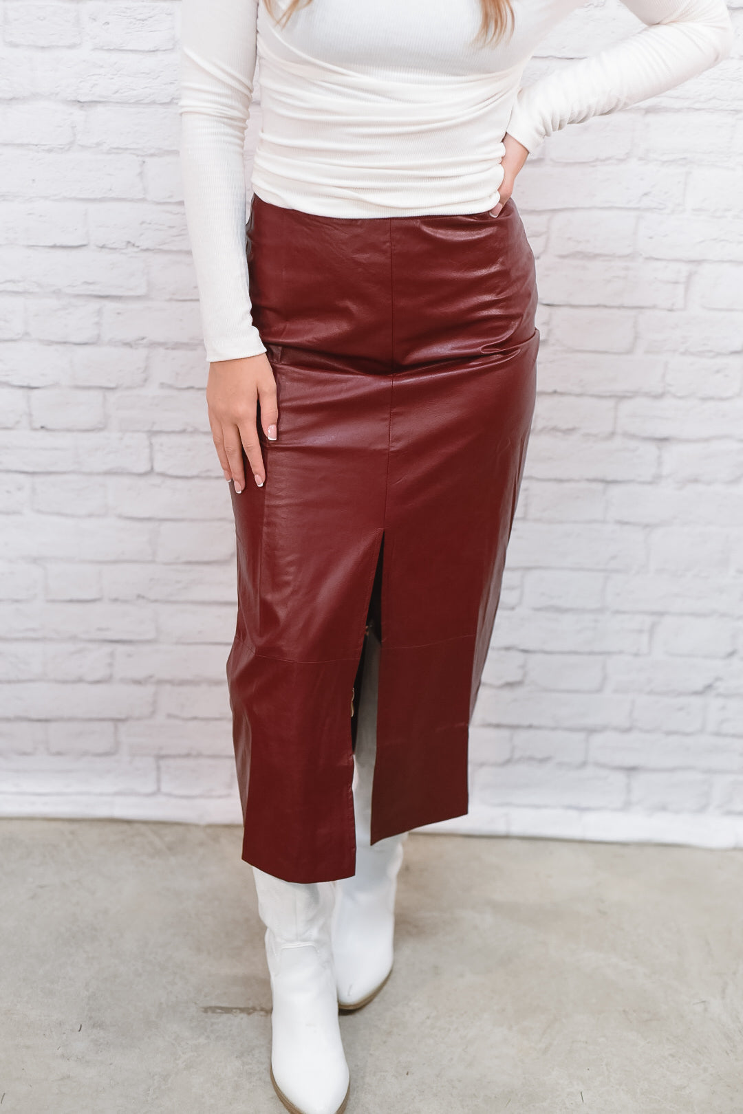 Wine About It Faux-Leather Midi Skirt
