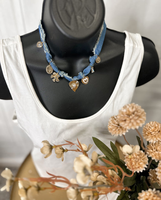 Denim Charm Statement Necklace