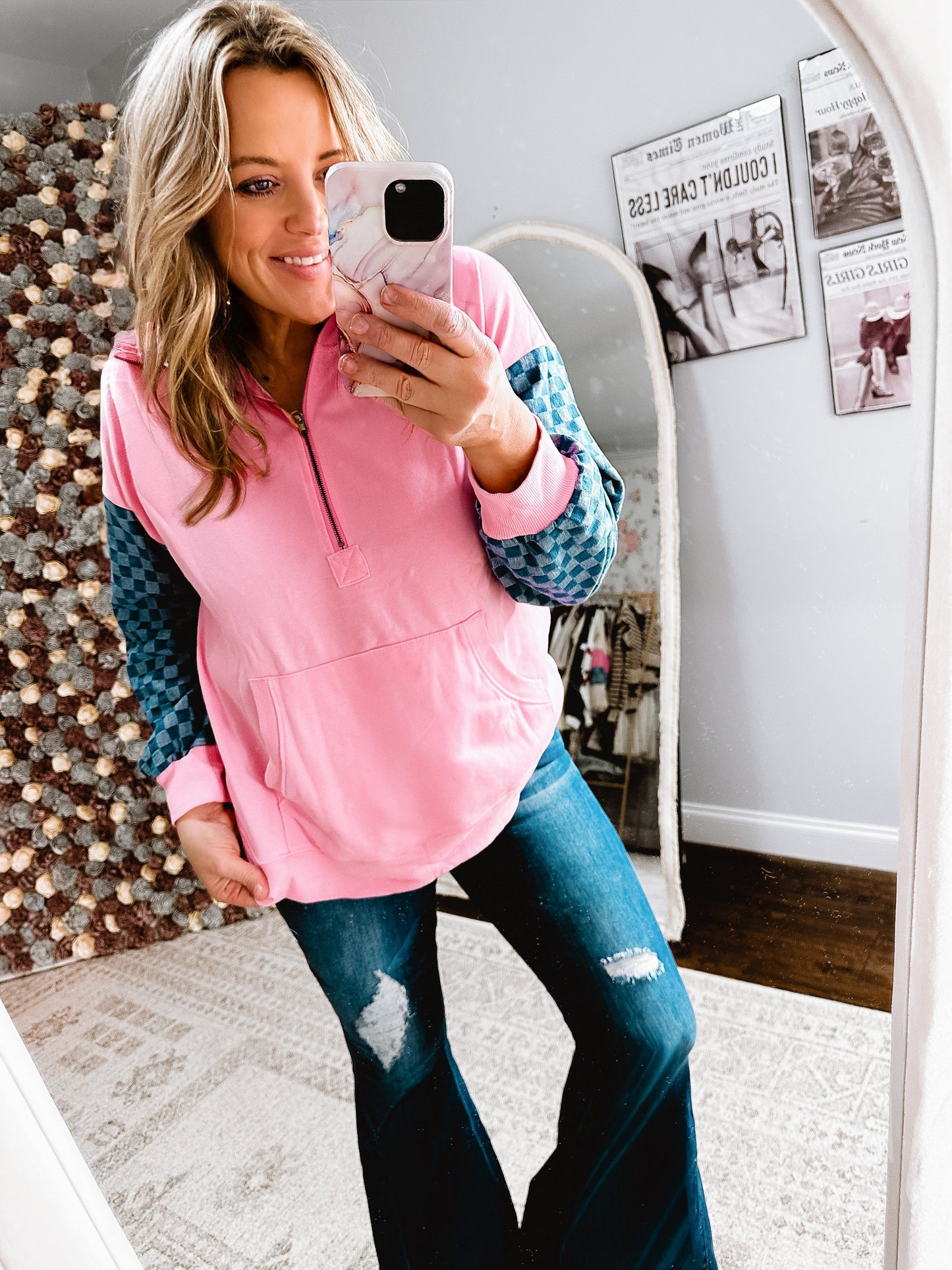 Checking On It Pink And Denim Half Zip Top