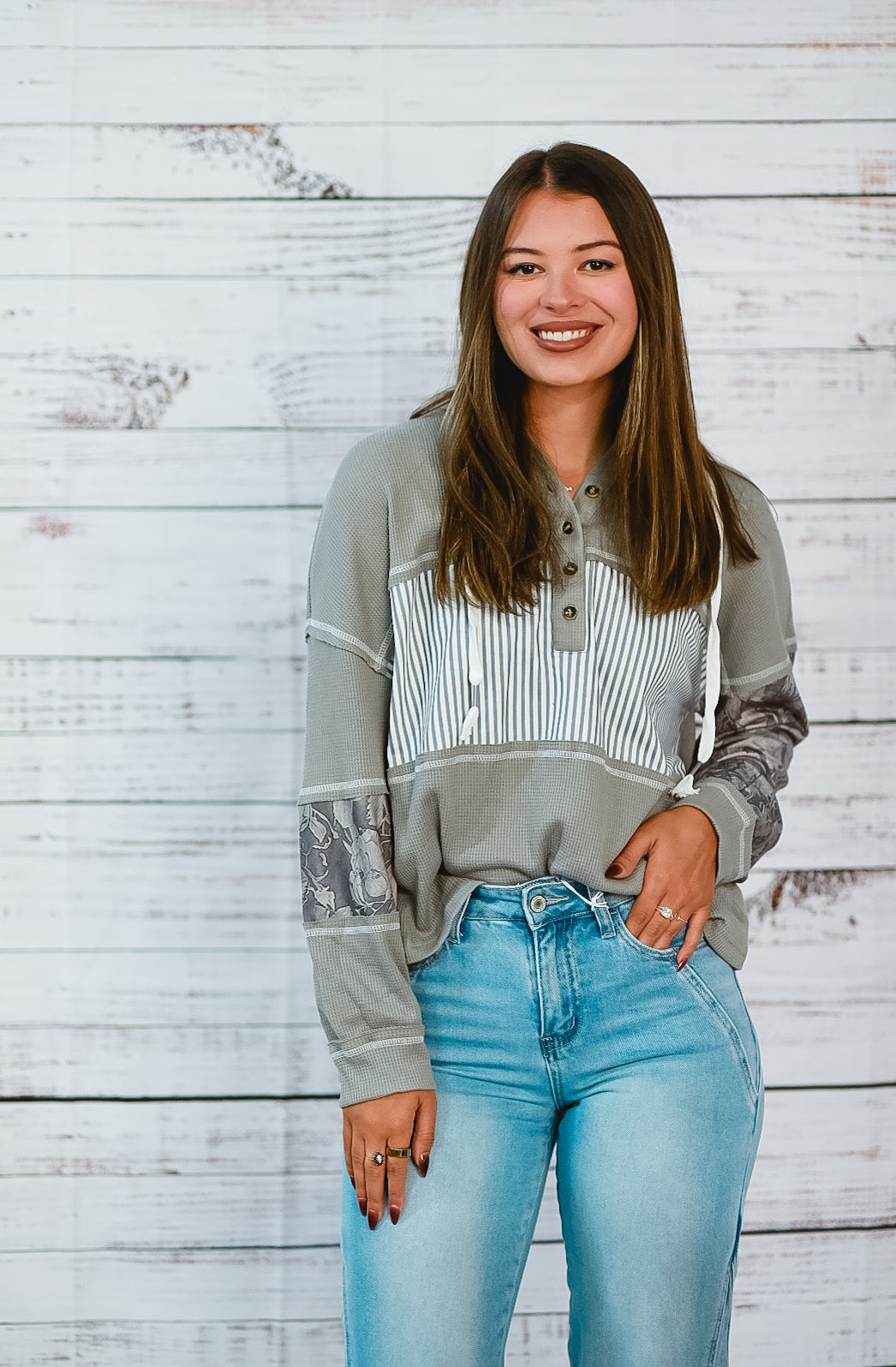 Grey Stripe & Floral Patchwork Hoodie