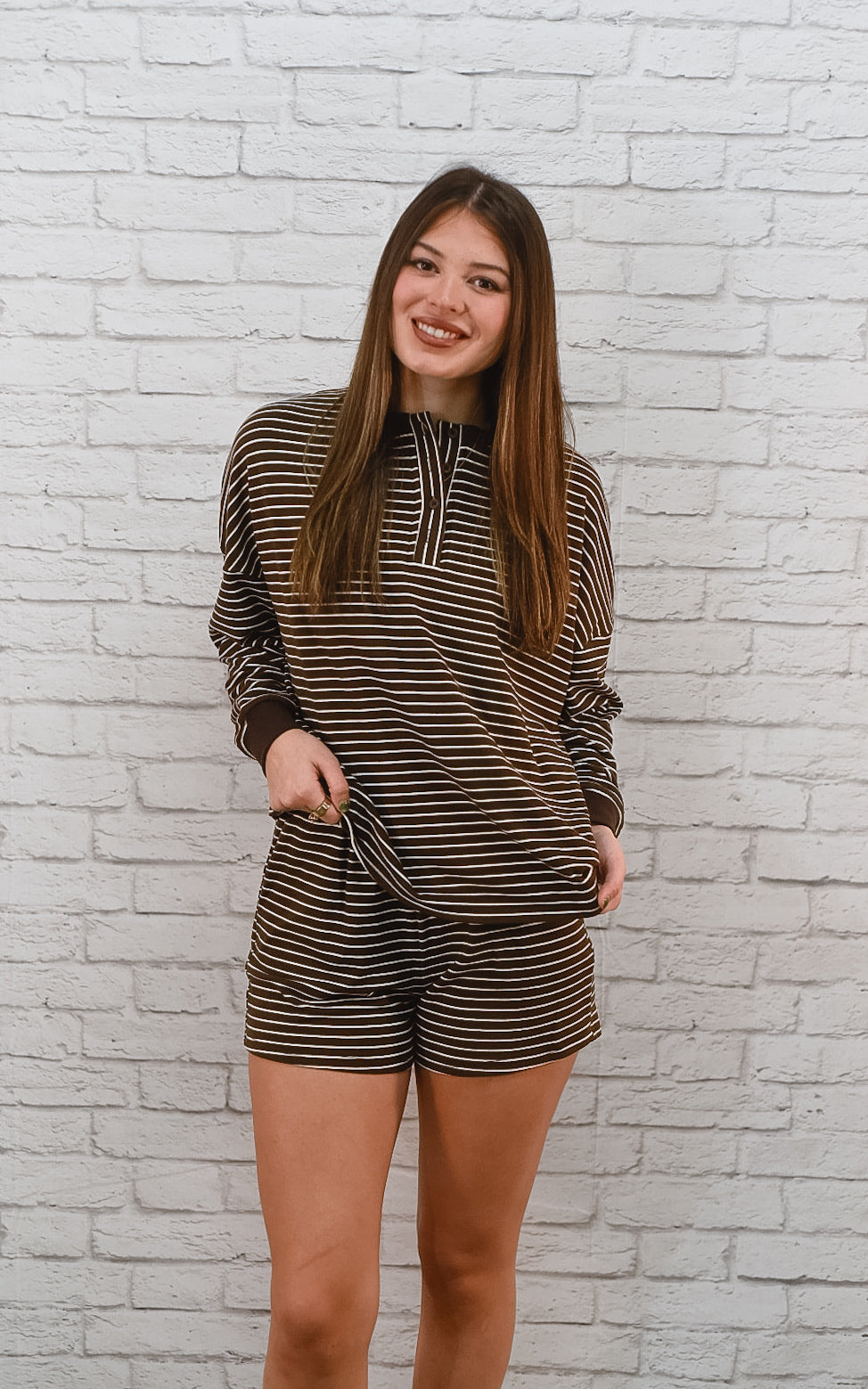 All Day Comfort Striped Brown Shorts Set