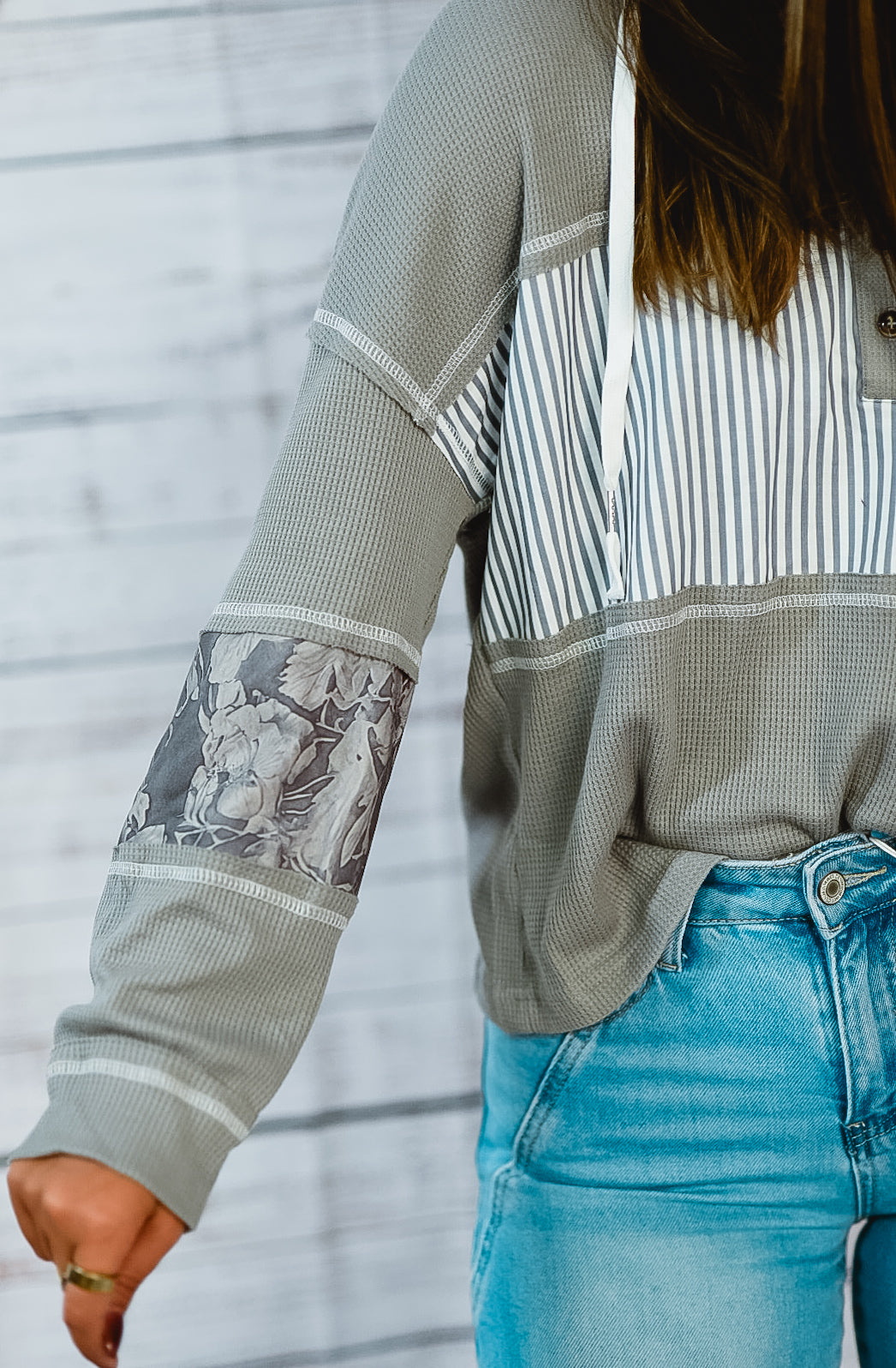 Grey Stripe & Floral Patchwork Hoodie