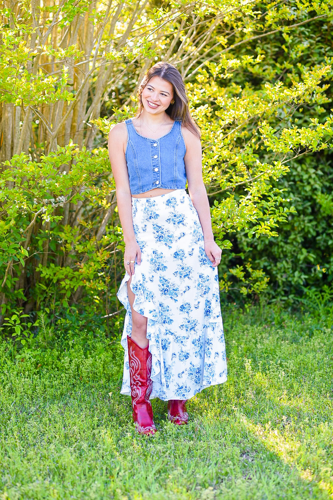 Linen & Sky Blue Floral Skirt