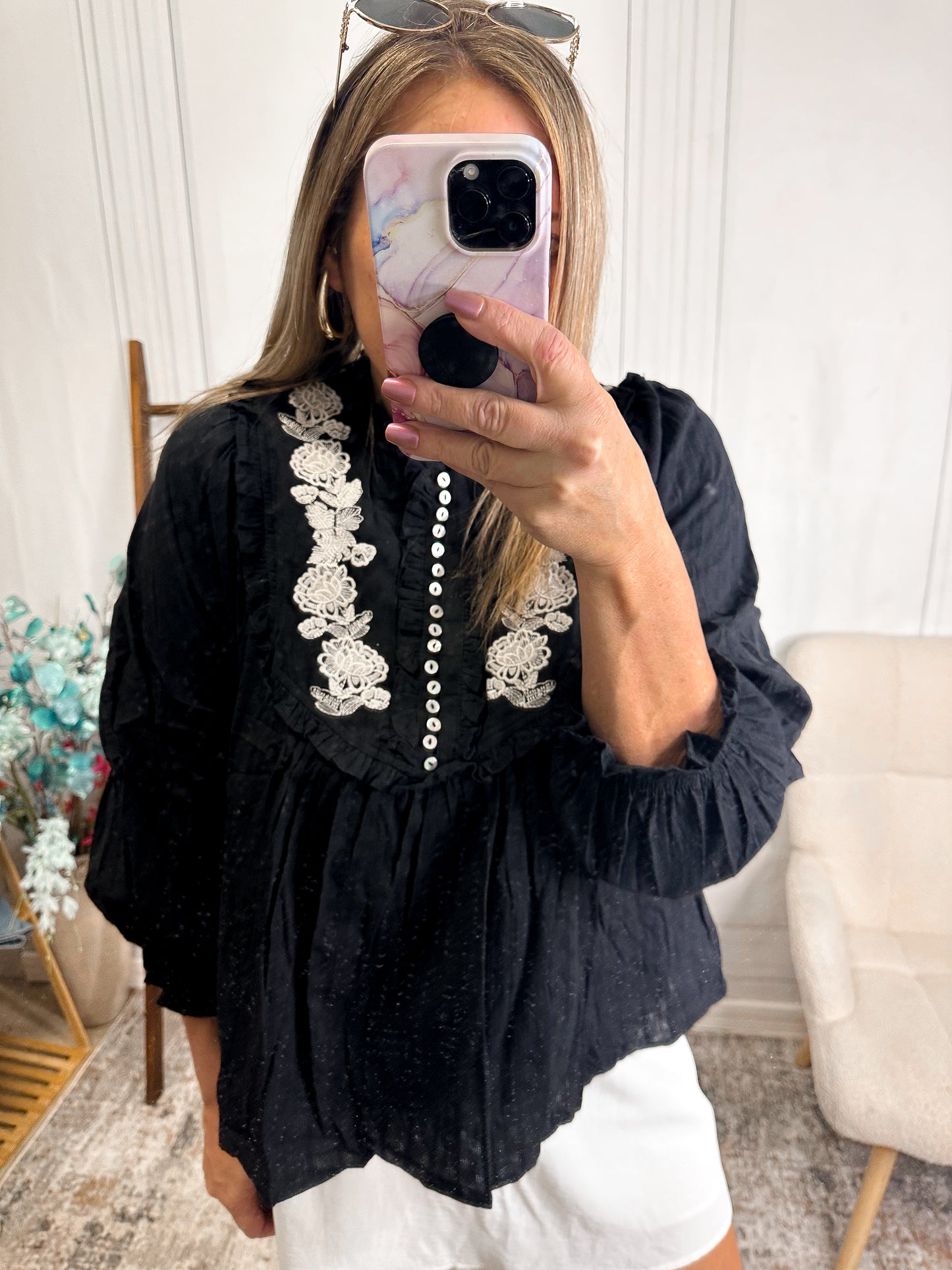 Midnight Bloom Embroidered Blouse