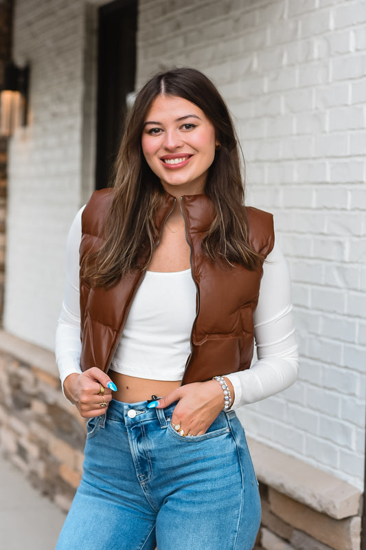 Chocolate Brown Leather Puffer Vest