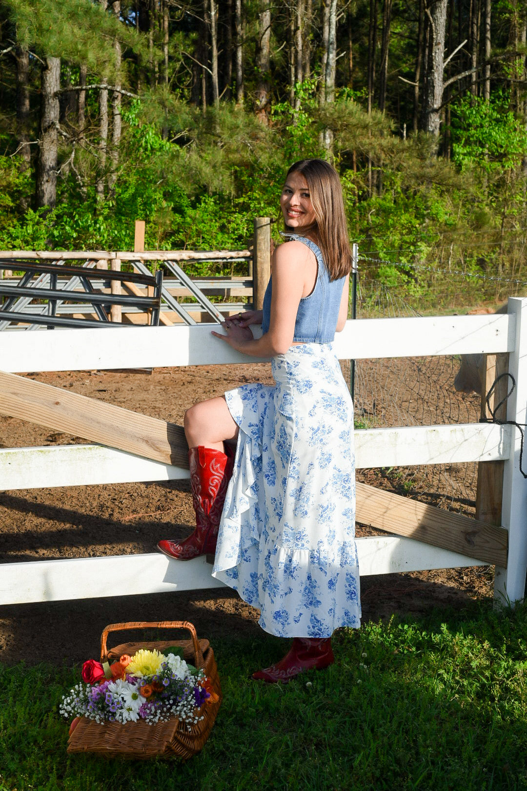 Linen & Sky Blue Floral Skirt