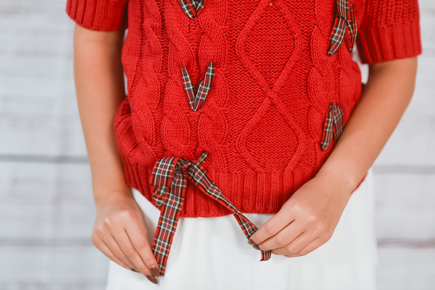 Festive Charm Plaid Bow Cable Knit Sweater