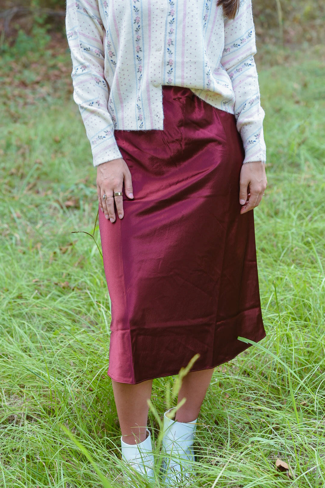 Bordeaux Satin Midi Skirt