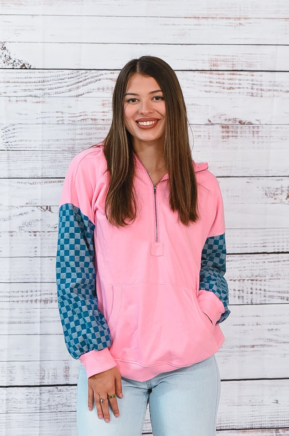 Checking On It Pink And Denim Half Zip Top