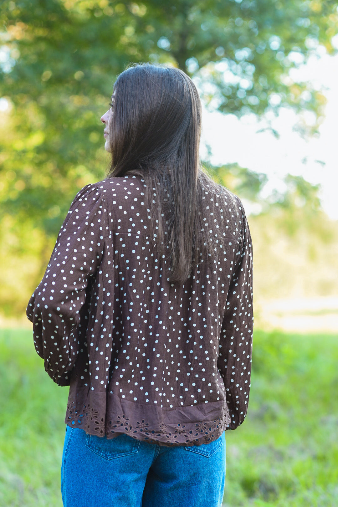 Chocolate Polka Dot Eyelet Lace Blouse