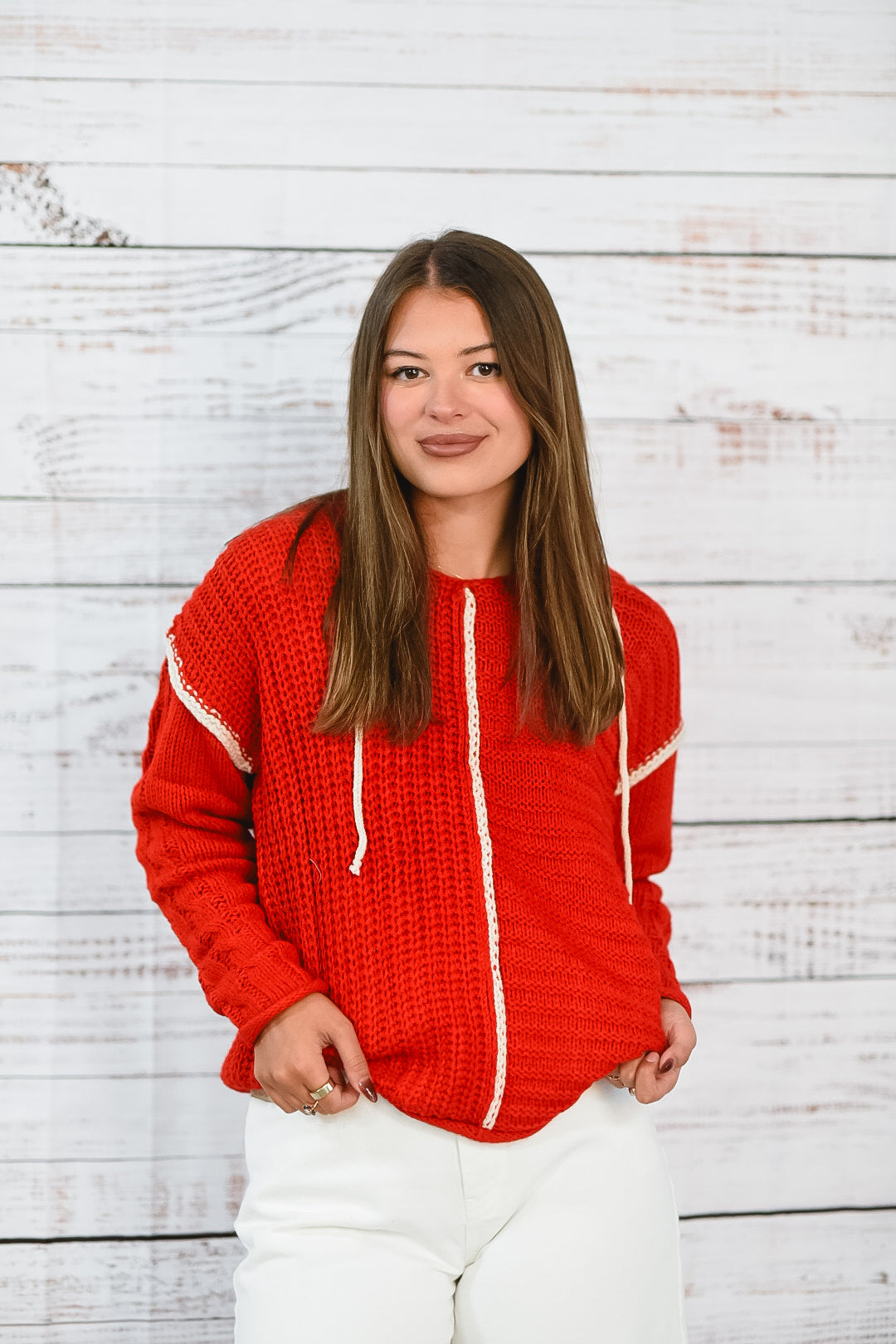 Scarlet Stroll Knit Hoodie Sweater