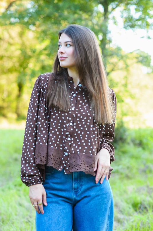 Chocolate Polka Dot Eyelet Lace Blouse