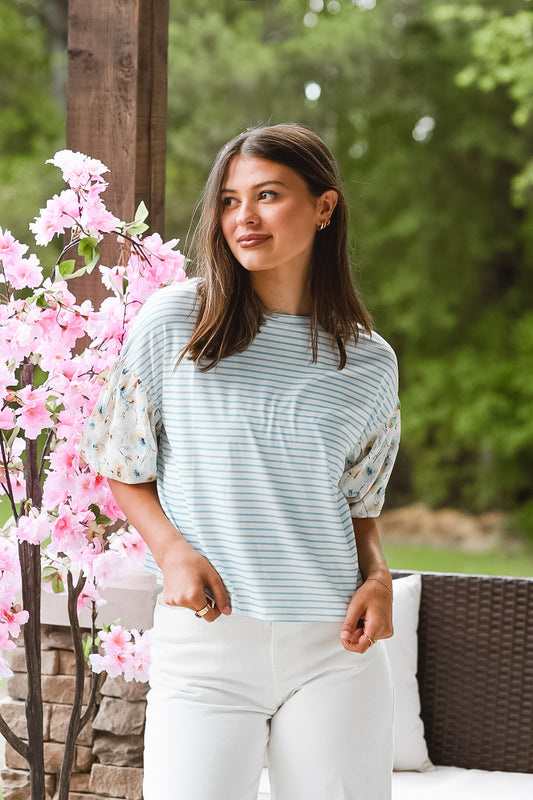 Sageview Floral Sleeve Stripe Top