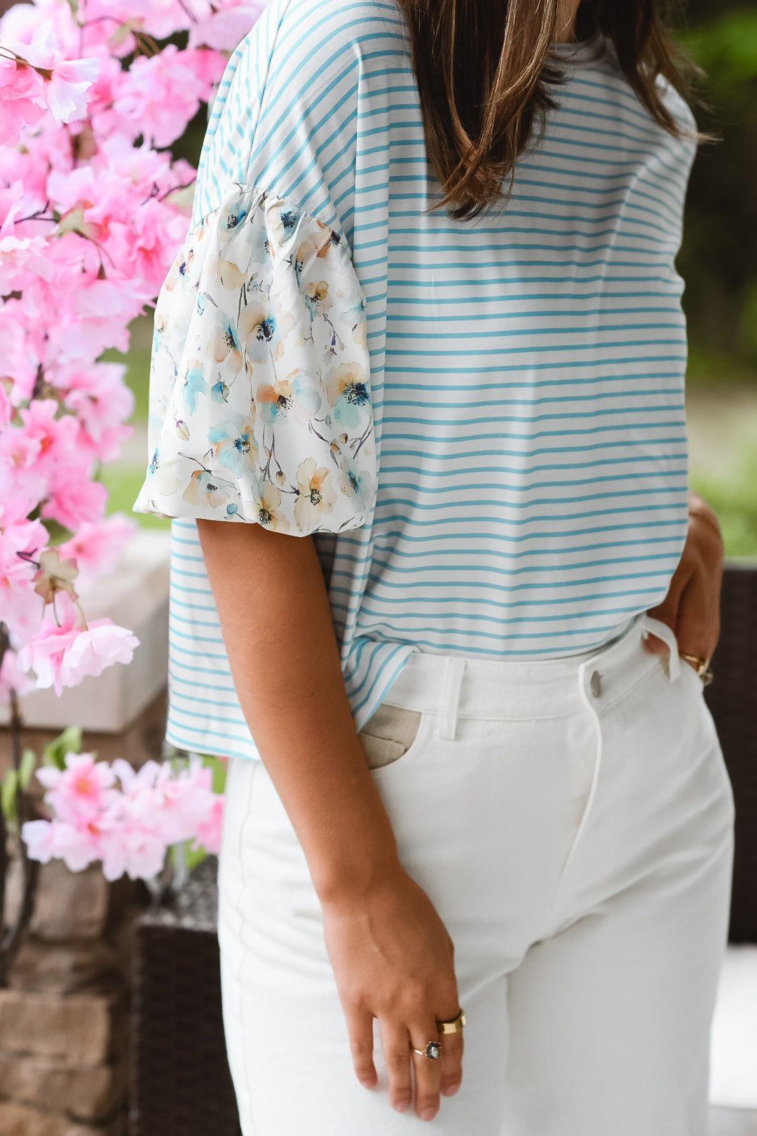 Sageview Floral Sleeve Stripe Top