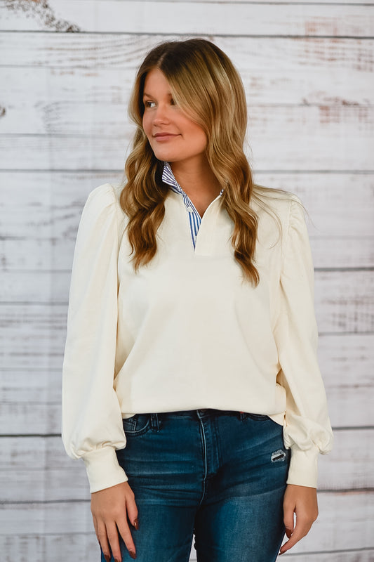 Classic Contrast Collar Puff Sleeve Top