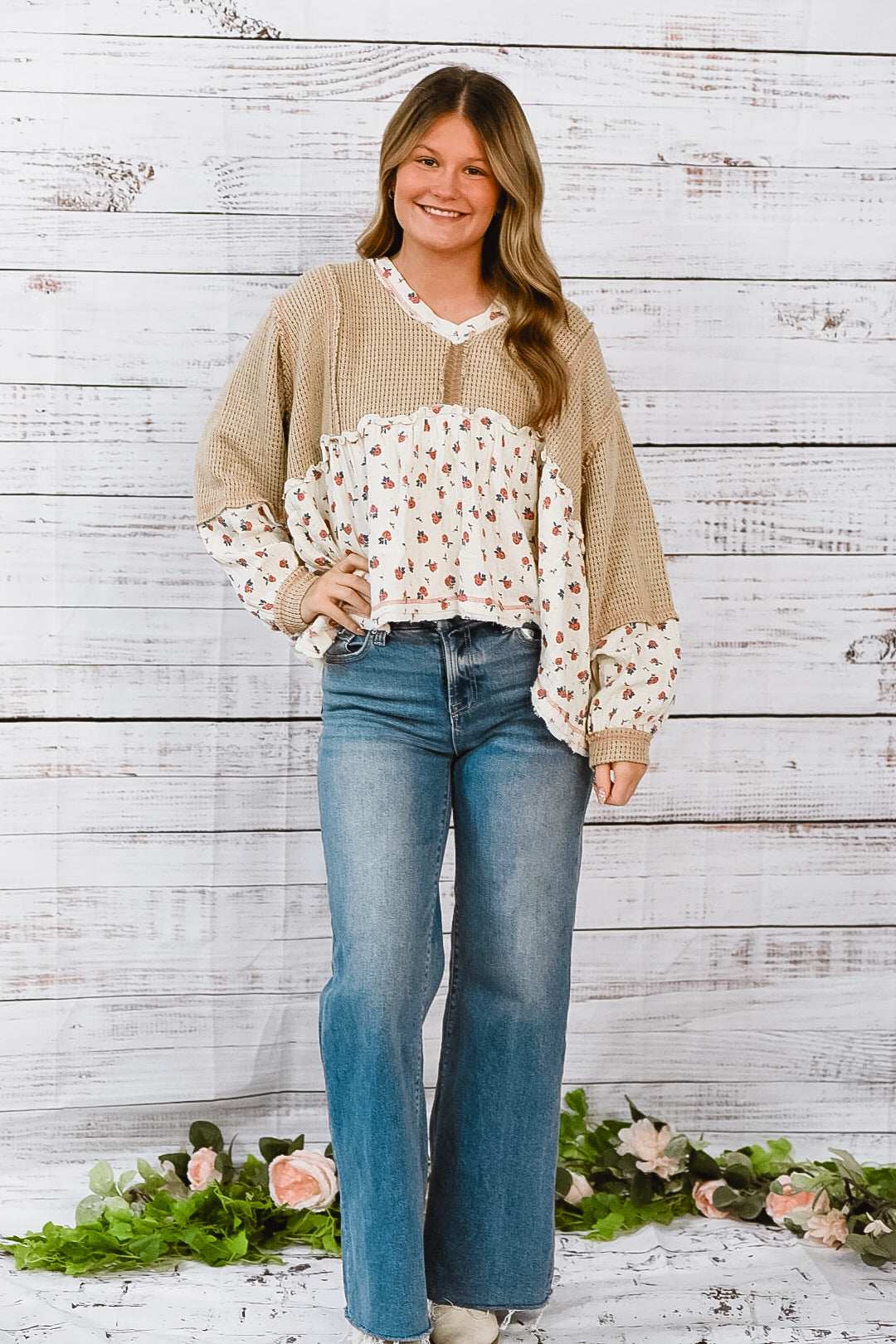 New Beginnings Tan And Ivory Floral Top
