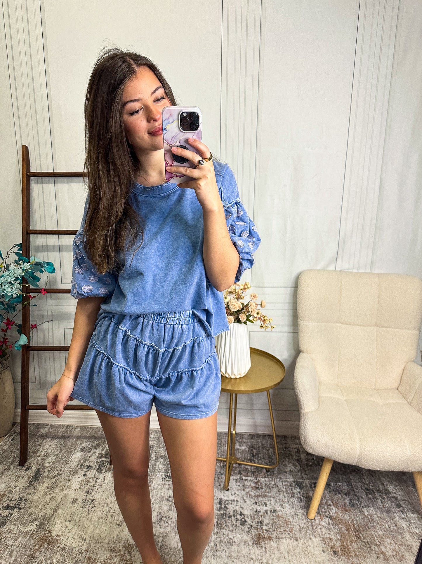 Vintage Wash Ruffle Lounge Set – Dusty Blue Mineral Wash Set