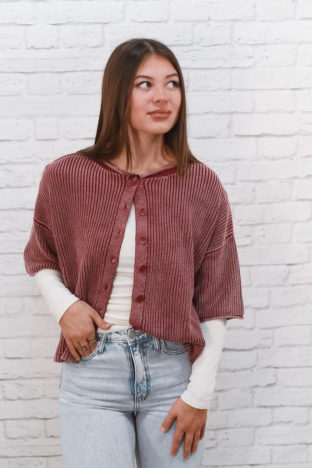 Vintage Merlot Mineral-Wash Cardigan