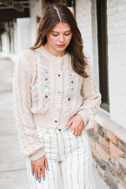 Floral Charm Button-Up Sweater
