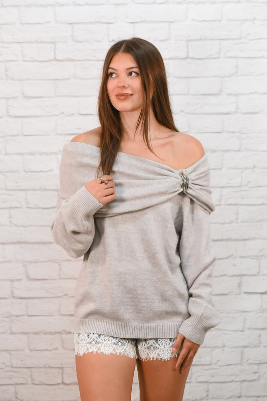 Buckle Up Off-Shoulder Sweater