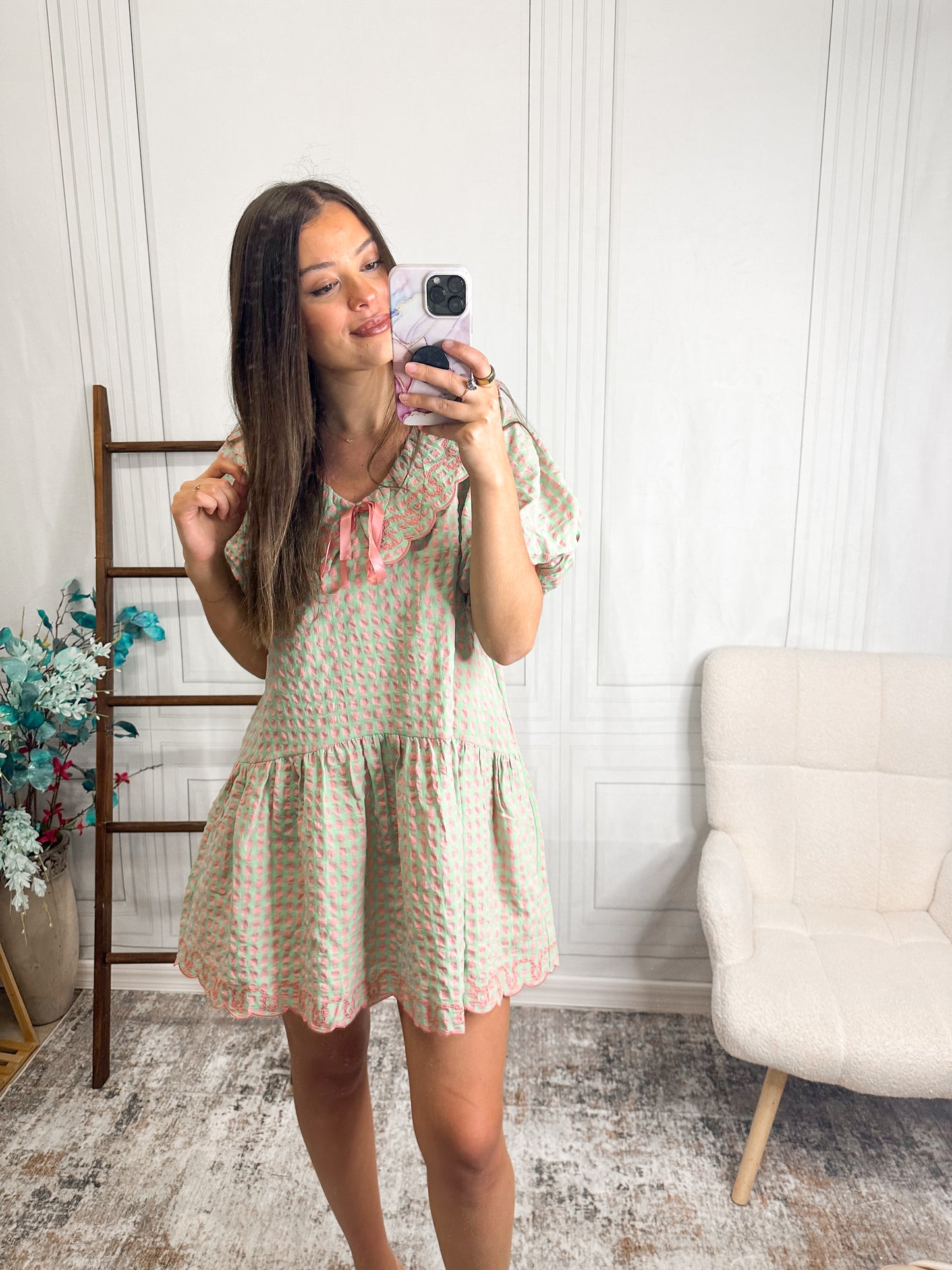 Sweet Garden Scalloped Mini Dress – Pink & Green Ruffle Collar Dress
