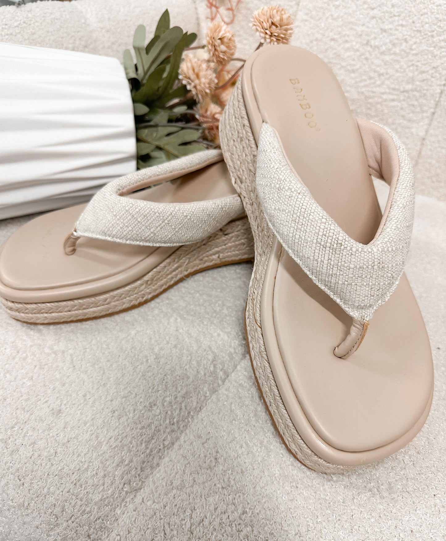 Coastal Raffia Platform Sandals – Beige Woven Summer Flip Flops