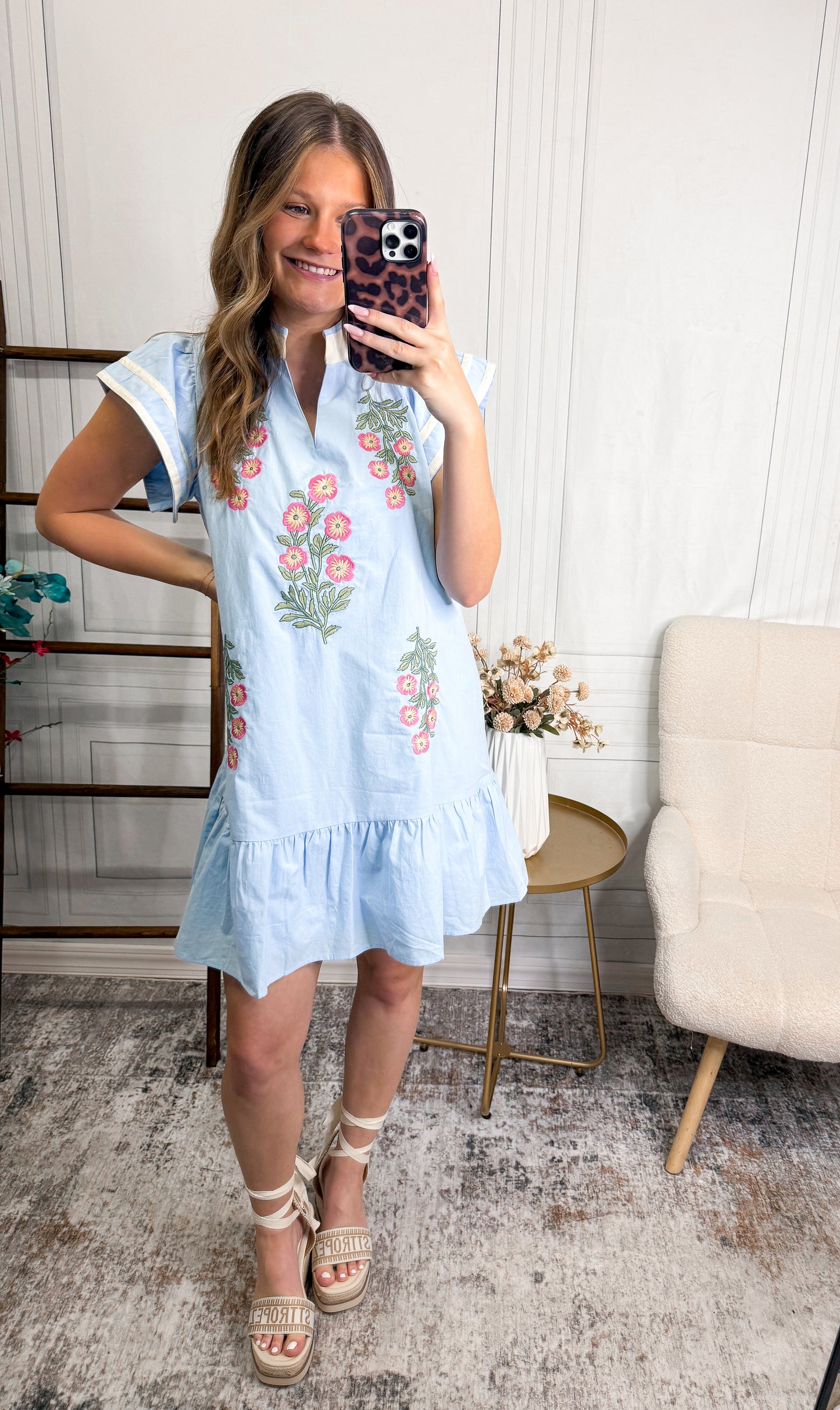 Coastal Garden Embroidered Dress – Blue Floral Babydoll Dress