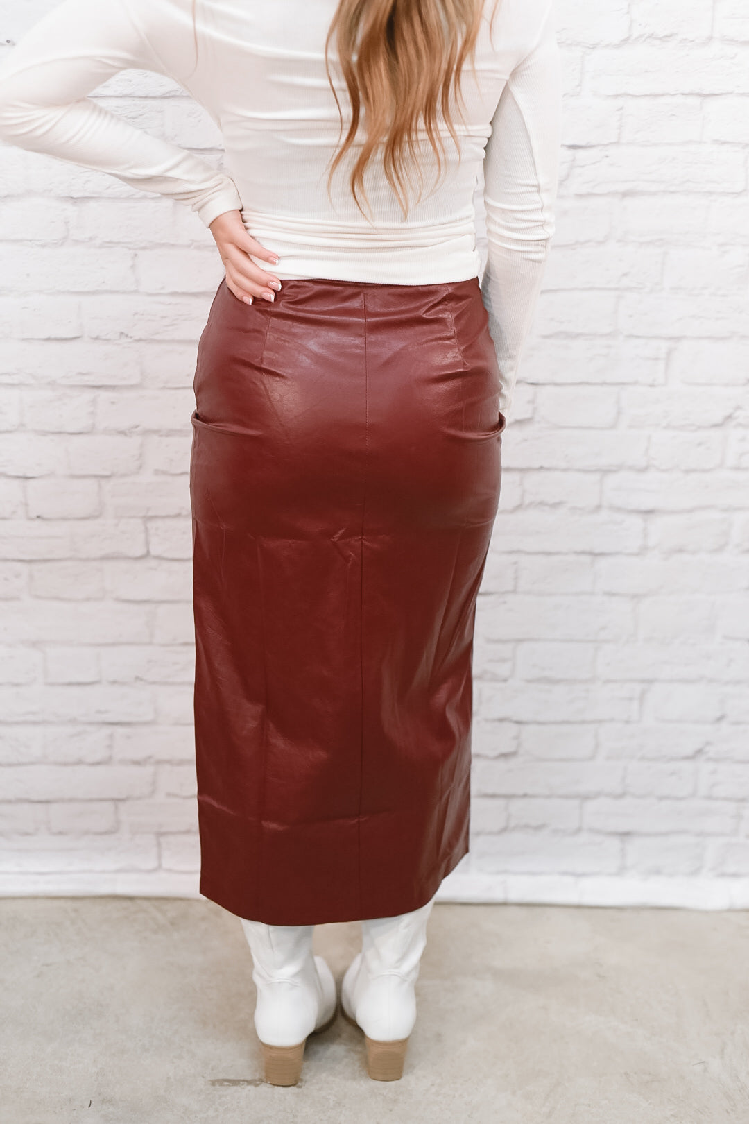 Wine About It Faux-Leather Midi Skirt