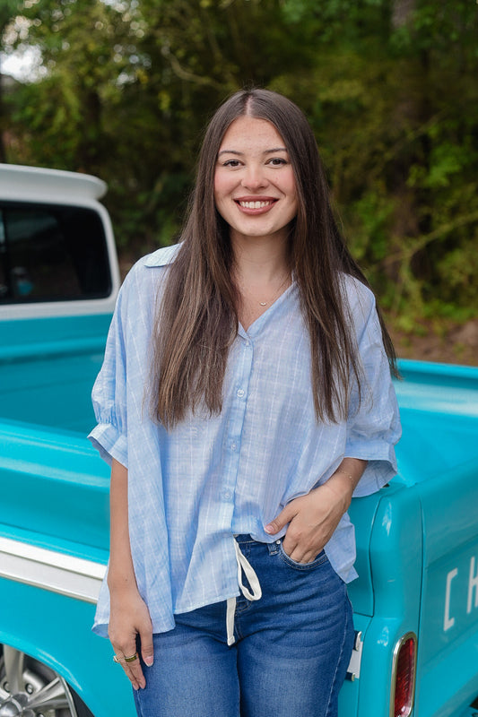 Coastal Blue Airflow Button-Up Top