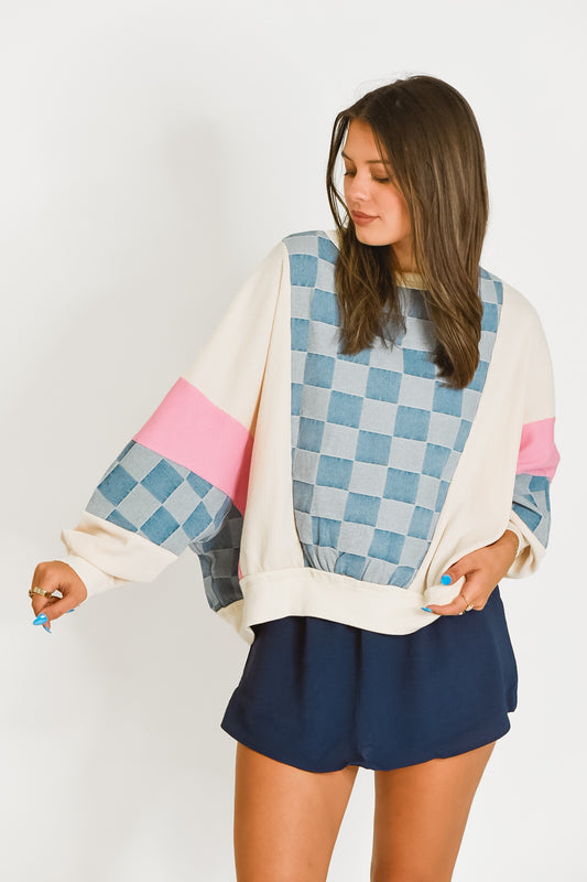 Checkered Charm Colorblock Pullover