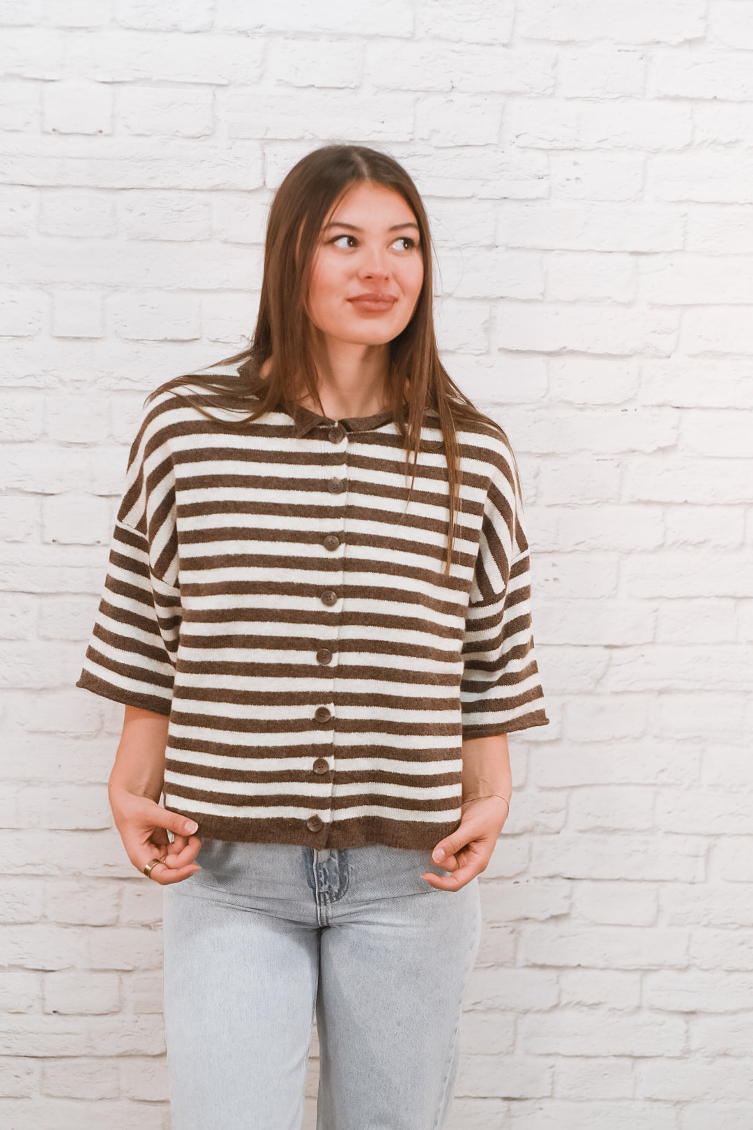 Coffee Date Striped Short-Sleeve Cardigan