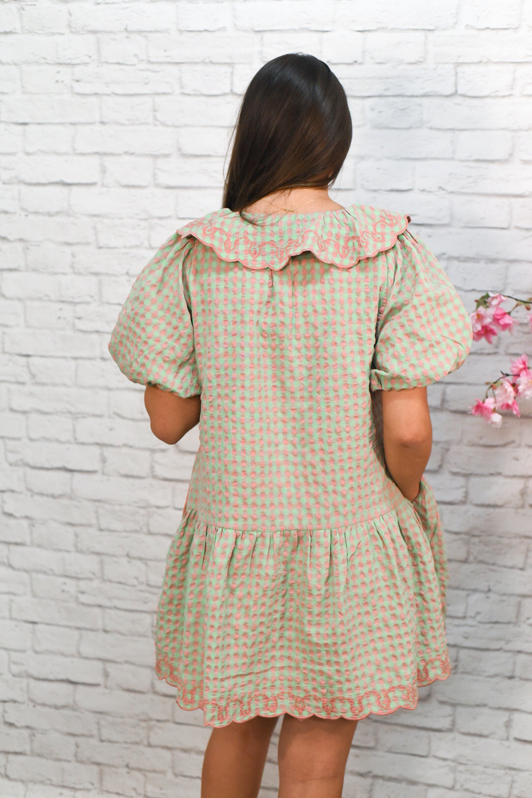 Sweet Garden Scalloped Mini Dress – Pink & Green Ruffle Collar Dress