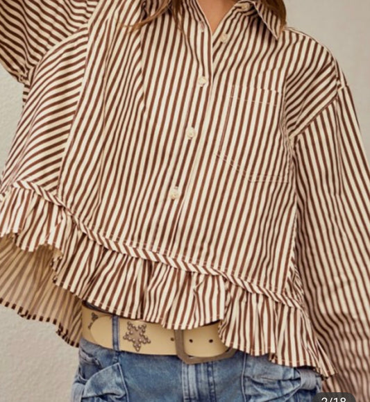 Brown & Ivory Striped Ruffle Hem Blouse