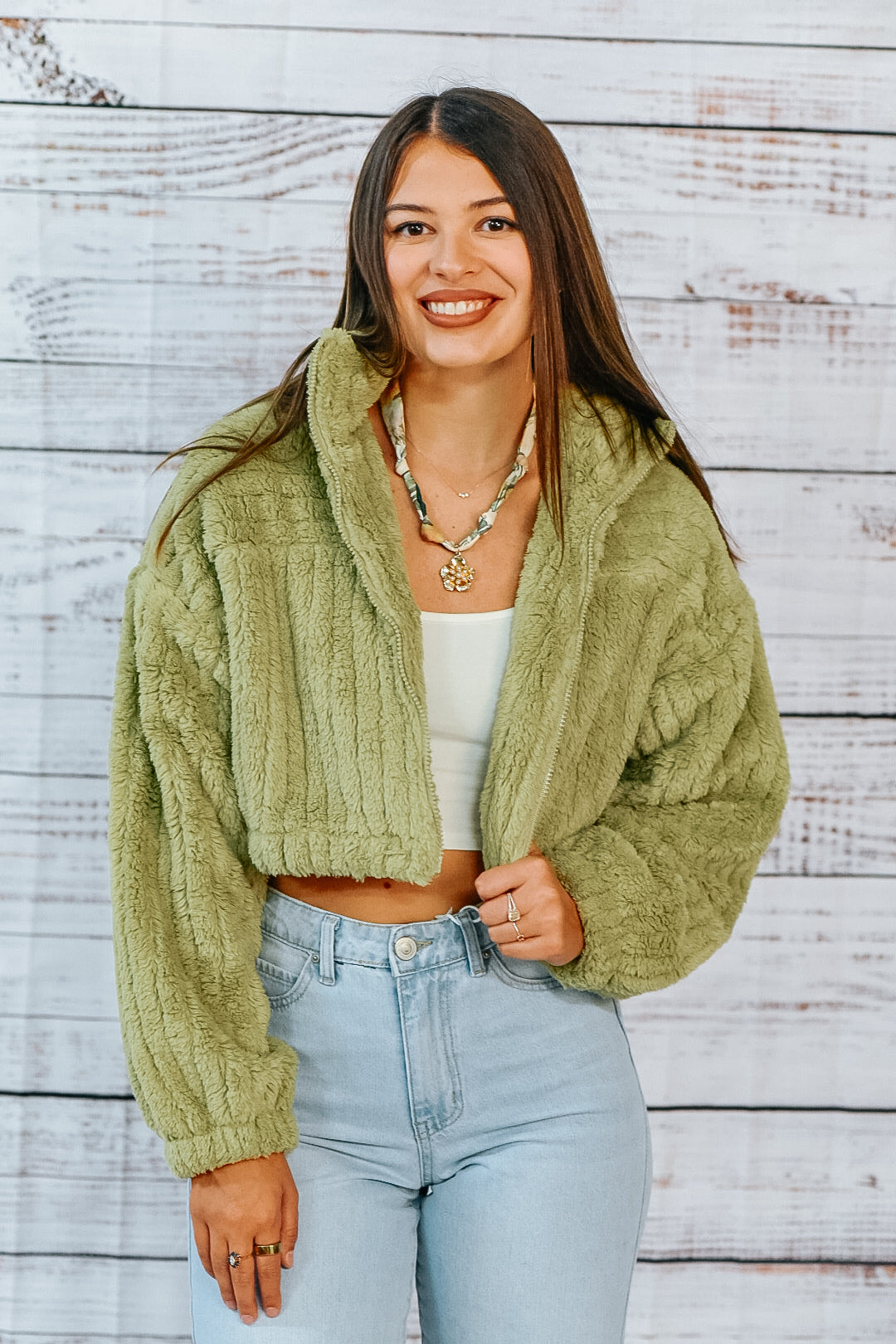 Olive Cloud Cropped Teddy Jacket