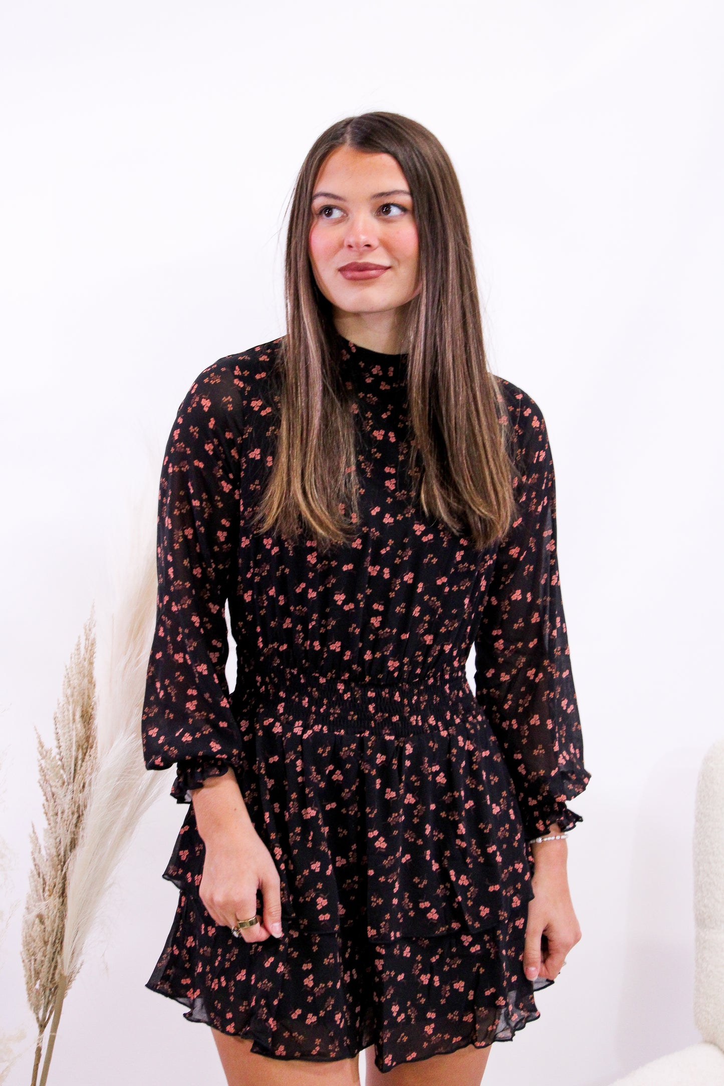 Midnight Petals Tiered Mini Dress